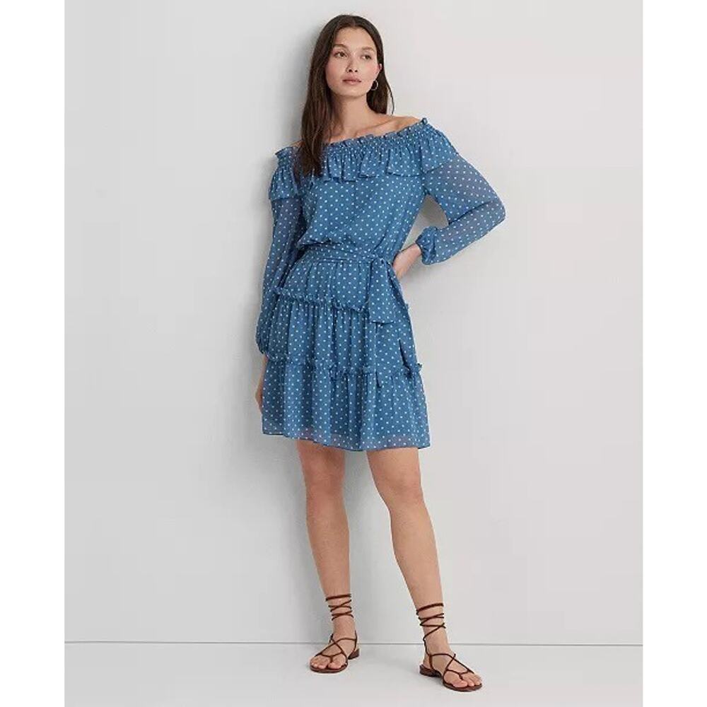 Lauren Ralph Georgette Dress‎ Womens 4 Blue Polka Dot Off Shoulder Tiered Ruffle